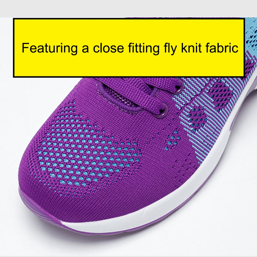 Close-up of purple breathable knit running shoe with lace-up design and rubber outsole.